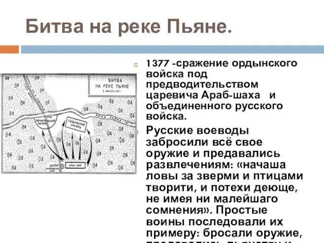 Битва на реке Пьяне. 1377 -сражение ордынского войска под предводительством царевича Араб-шаха