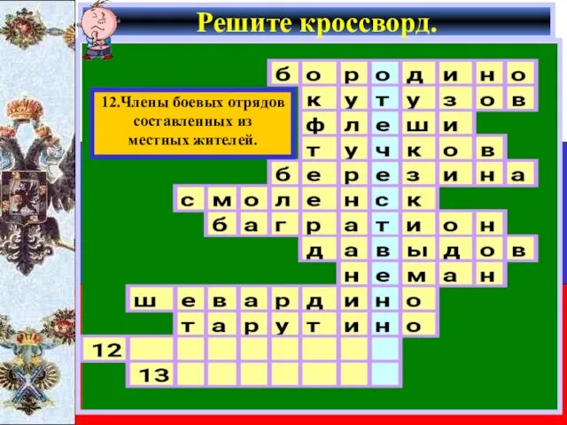 Решите кроссворд. 12.Члены боевых отрядов составленных из местных жителей.