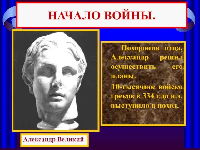 НАЧАЛО ВОЙНЫ. Похоронив отца, Александр решил осуществить его планы. 10-тысячное войско греков