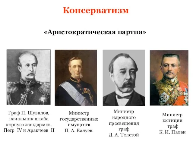 Консерватизм Граф П. Шувалов, начальник штаба корпуса жандармов. Петр IV и Аракчеев