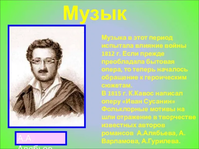 Музыка. Музыка в этот период испытала влияние войны 1812 г. Если прежде