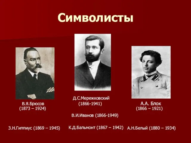 Символисты Д.С.Мережковский В.Я.Брюсов (1866-1941) А.А. Блок (1873 – 1924) (1866 – 1921)