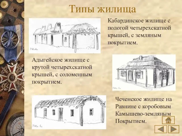 Типы жилища Кабардинское жилище с пологой четырехскатной крышей, с земляным покрытием. Адыгейское