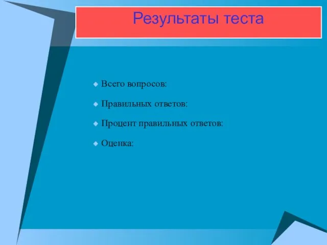 Результаты теста Всего вопросов: Правильных ответов: Процент правильных ответов: Оценка: