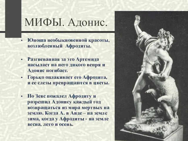 МИФЫ. Адонис. Юноша необыкновенной красоты, возлюбленный Афродиты. Разгневанная за это Артемида насылает