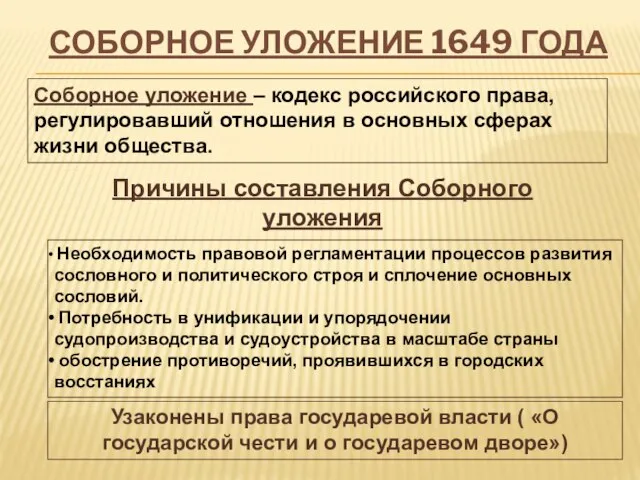 Соборное уложение 1649 года Необходимость правовой регламентации процессов развития сословного и политического