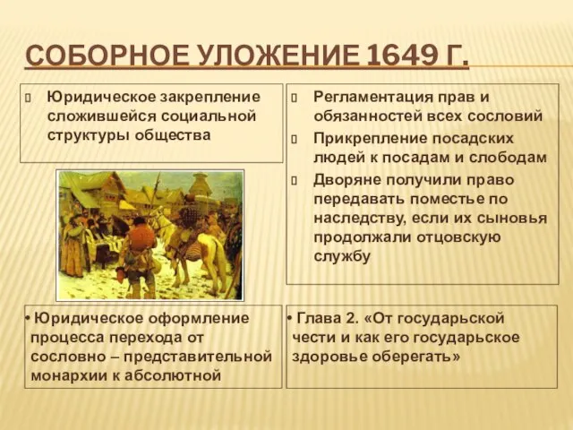 Соборное уложение 1649 г. Юридическое закрепление сложившейся социальной структуры общества Регламентация прав