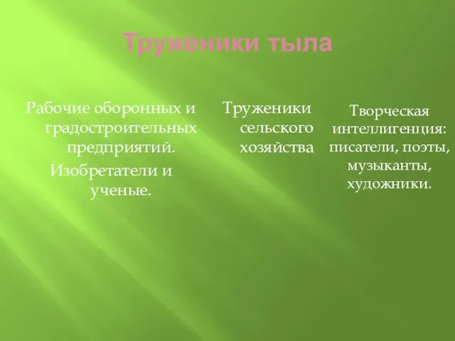 Труженики тыла Рабочие оборонных и градостроительных предприятий. Изобретатели и ученые. Труженики сельского