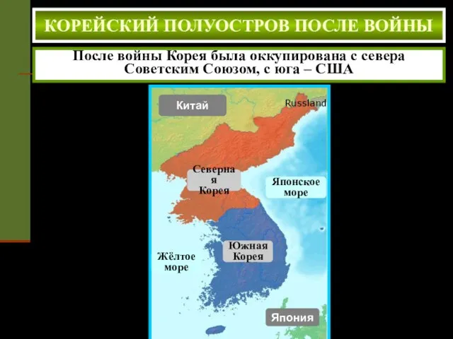 КОРЕЙСКИЙ ПОЛУОСТРОВ ПОСЛЕ ВОЙНЫ После войны Корея была оккупирована с севера Советским