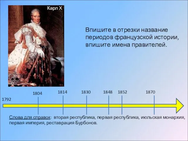 1792 1804 1814 1830 1848 1852 1870 Впишите в отрезки название периодов