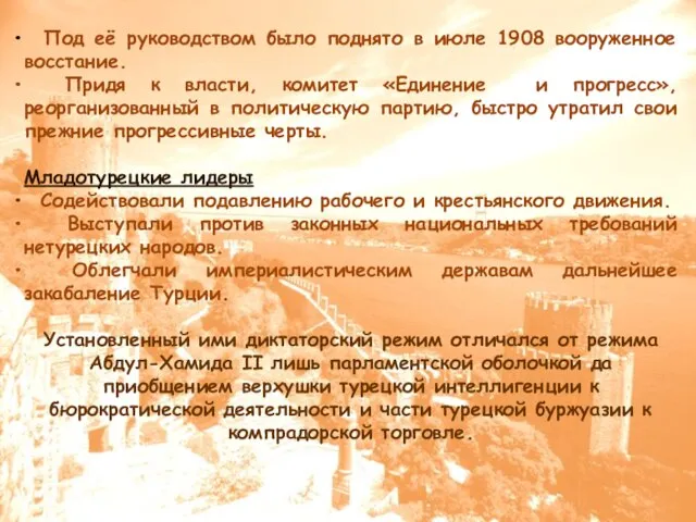 Под её руководством было поднято в июле 1908 вооруженное восстание. Придя к