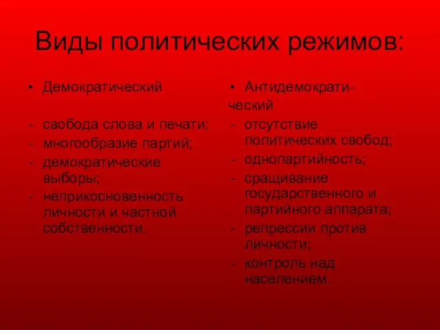 Виды политических режимов: Демократический свобода слова и печати; многообразие партий; демократические выборы;