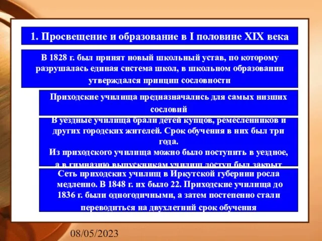 08/05/2023 1. Просвещение и образование в I половине XIX века В 1828