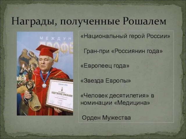 Награды, полученные Рошалем «Национальный герой России» Гран-при «Россиянин года» «Европеец года» «Звезда