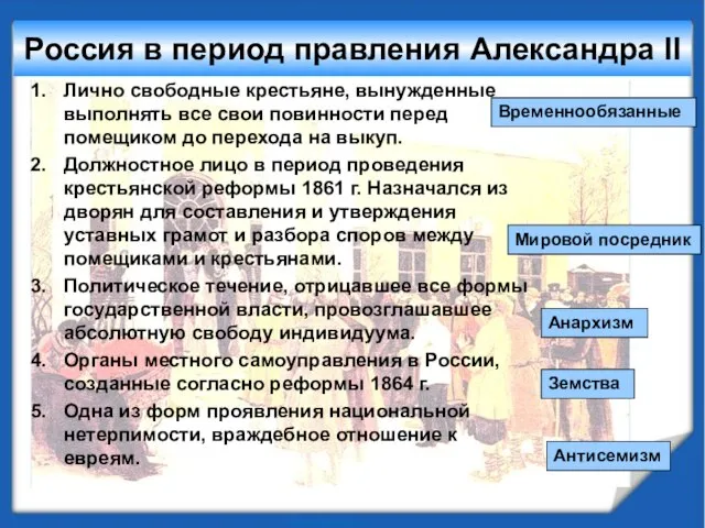 Россия в период правления Александра II Лично свободные крестьяне, вынужденные выполнять все