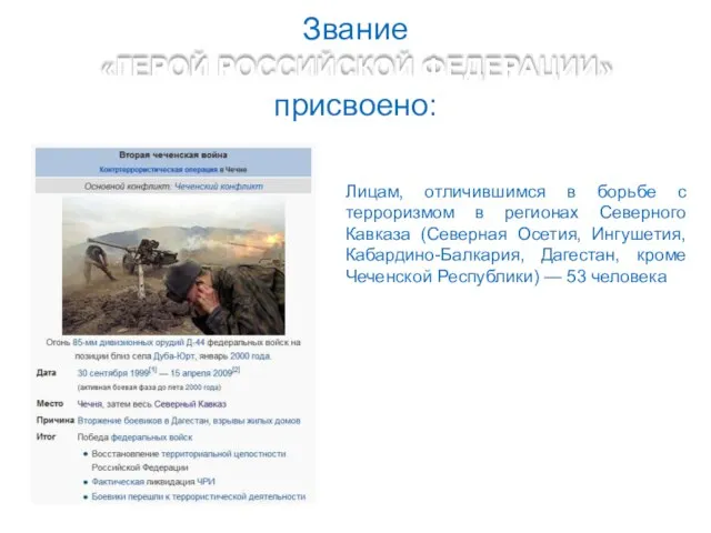 Звание присвоено: Лицам, отличившимся в борьбе с терроризмом в регионах Северного Кавказа