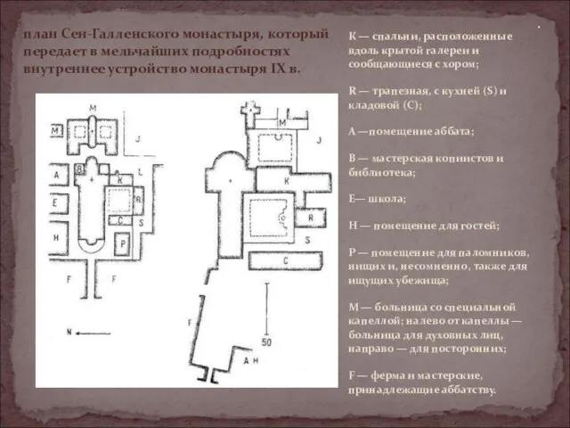 К — спальни, расположенные вдоль крытой галереи и сообщающиеся с хором; R