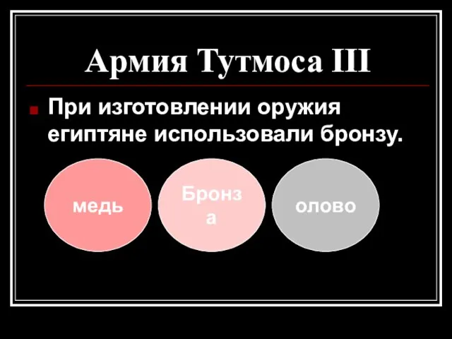 Армия Тутмоса III При изготовлении оружия египтяне использовали бронзу. медь олово Бронза