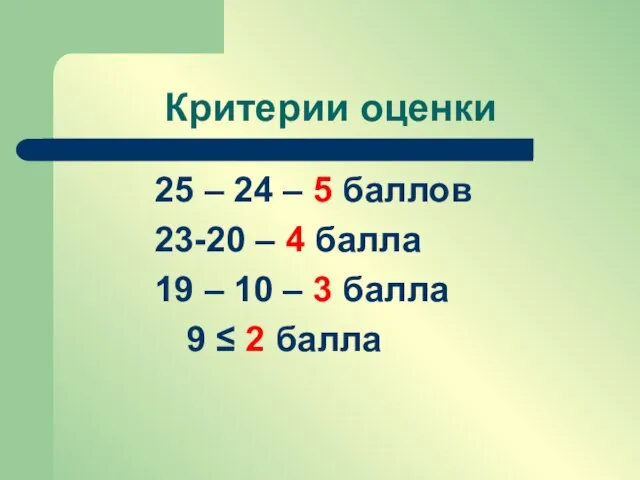 Критерии оценки 25 – 24 – 5 баллов 23-20 – 4 балла