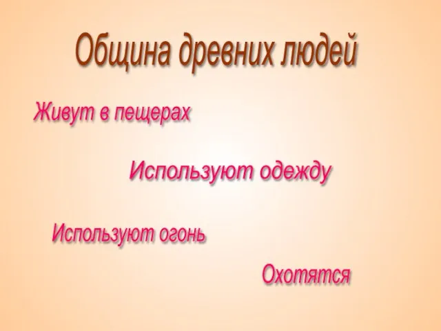 Община древних людей Используют одежду Используют огонь Живут в пещерах Охотятся