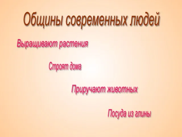 Общины современных людей Выращивают растения Приручают животных Строят дома Посуда из глины