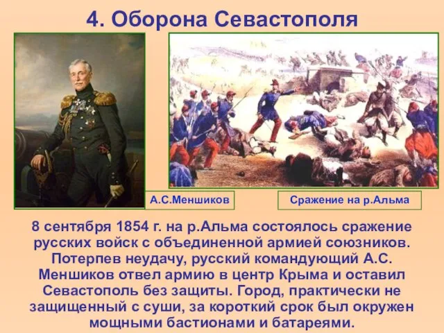 4. Оборона Севастополя 8 сентября 1854 г. на р.Альма состоялось сражение русских