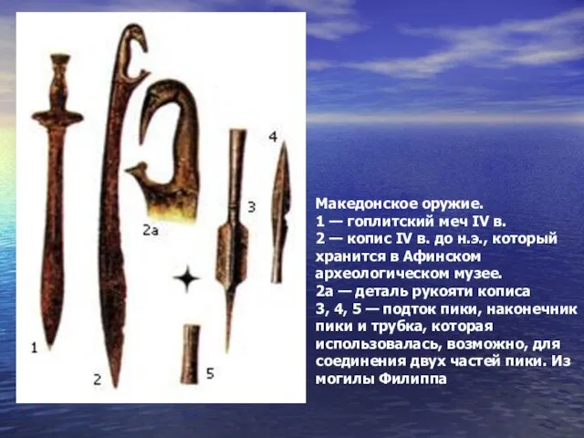 Македонское оружие. 1 — гоплитский меч IV в. 2 — копис IV