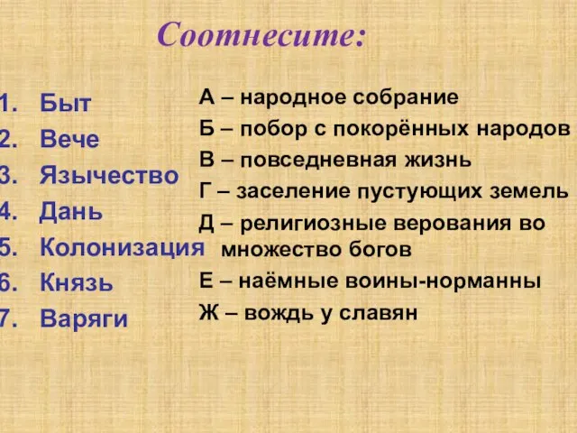 Соотнесите: Быт Вече Язычество Дань Колонизация Князь Варяги А – народное собрание