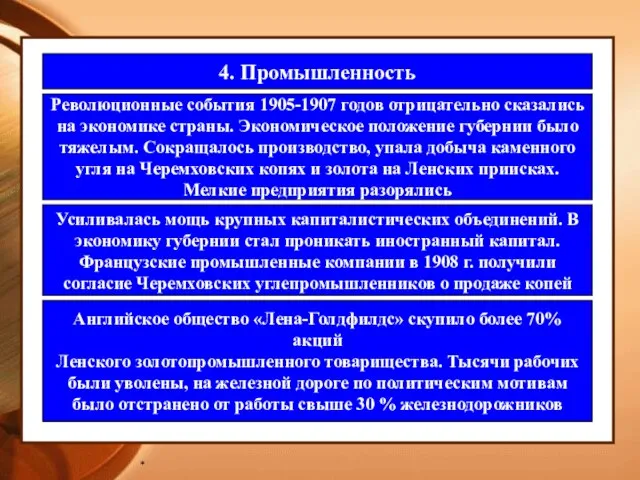 * 4. Промышленность Революционные события 1905-1907 годов отрицательно сказались на экономике страны.