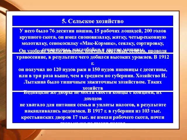 * 5. Сельское хозяйство У него было 76 десятин пашни, 15 рабочих