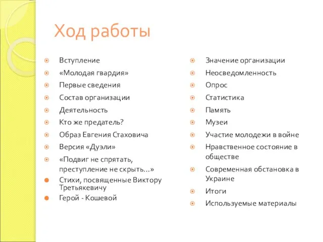 Ход работы Вступление «Молодая гвардия» Первые сведения Состав организации Деятельность Кто же