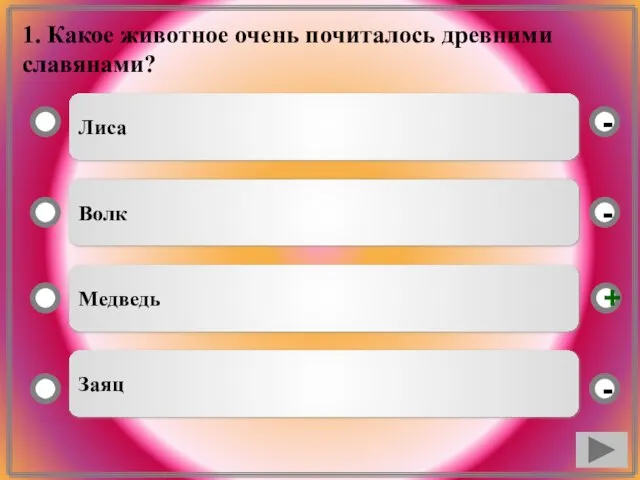 1. Какое животное очень почиталось древними славянами? Лиса Волк Медведь Заяц - - + -