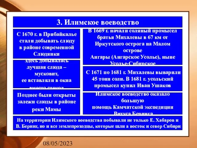 08/05/2023 3. Илимское воеводство С 1670 г. в Прибайкалье стали добывать слюду