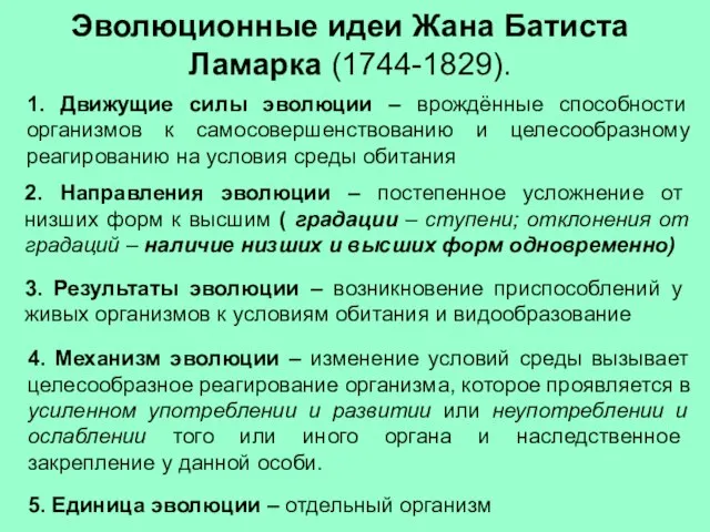 Эволюционные идеи Жана Батиста Ламарка (1744-1829). 1. Движущие силы эволюции – врождённые