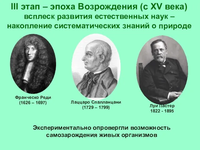 Экспериментально опровергли возможность самозарождения живых организмов III этап – эпоха Возрождения (с