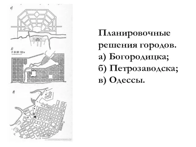 Планировочные решения городов. а) Богородицка; б) Петрозаводска; в) Одессы.