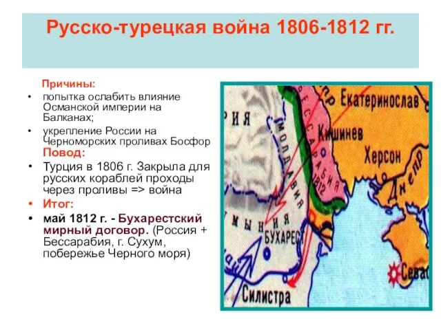 Русско-турецкая война 1806-1812 гг. Причины: попытка ослабить влияние Османской империи на Балканах;