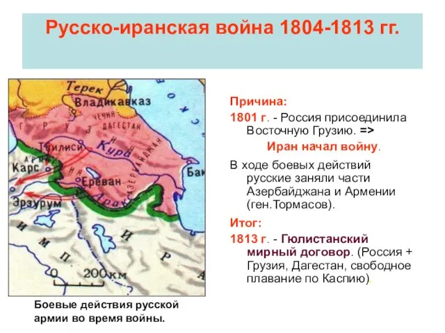 Русско-иранская война 1804-1813 гг. Причина: 1801 г. - Россия присоединила Восточную Грузию.