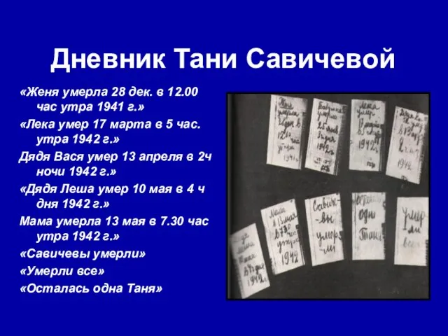 Дневник Тани Савичевой «Женя умерла 28 дек. в 12.00 час утра 1941