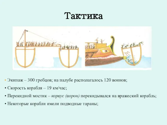 Тактика Экипаж – 300 гребцов; на палубе располагалось 120 воинов; Скорость корабля