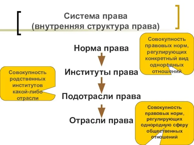 Система права (внутренняя структура права) Норма права Институты права Подотрасли права Отрасли