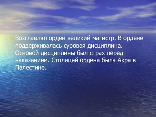 Возглавлял орден великий магистр. В ордене поддерживалась суровая дисциплина. Основой дисциплины был