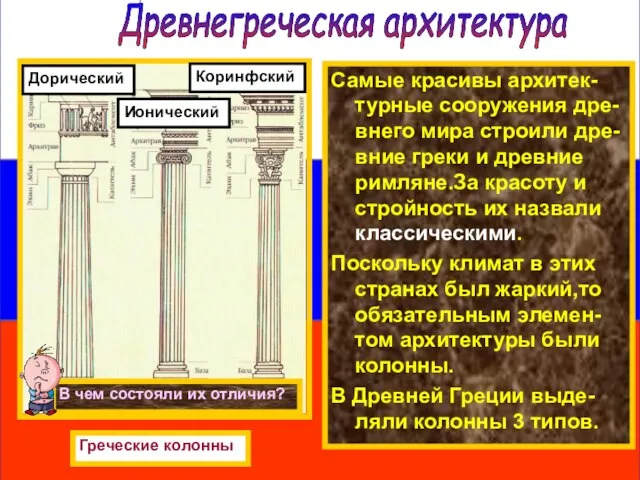 Самые красивы архитек-турные сооружения дре-внего мира строили дре-вние греки и древние римляне.За