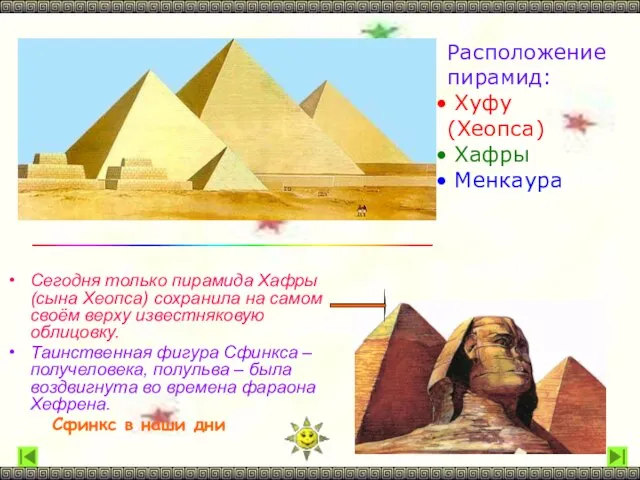 Сегодня только пирамида Хафры (сына Хеопса) сохранила на самом своём верху известняковую