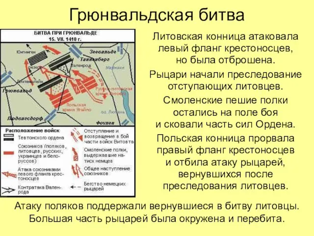 Грюнвальдская битва Литовская конница атаковала левый фланг крестоносцев, но была отброшена. Рыцари