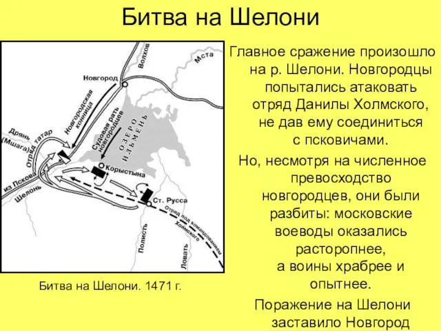 Битва на Шелони Главное сражение произошло на р. Шелони. Новгородцы попытались атаковать