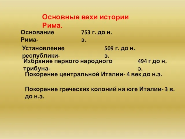 Основные вехи истории Рима. Основание Рима- 753 г. до н.э. Установление республики-