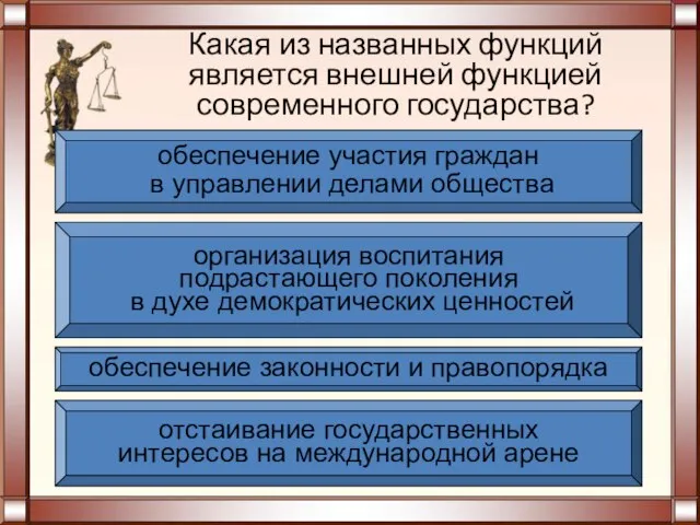 Какая из названных функций является внешней функцией современного государства? отстаивание государственных интересов