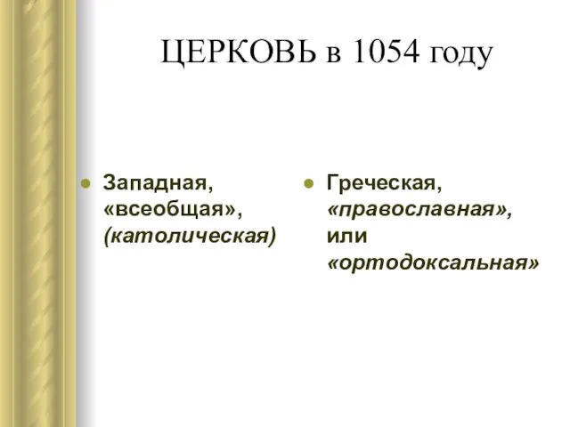 ЦЕРКОВЬ в 1054 году Западная, «всеобщая», (католическая) Греческая, «православная», или «ортодоксальная»