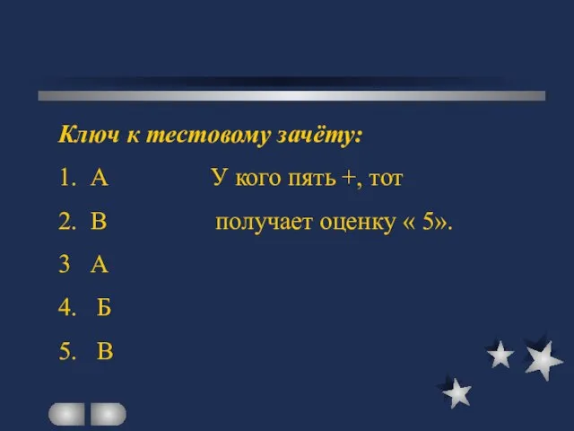 Ключ к тестовому зачёту: 1. А У кого пять +, тот 2.